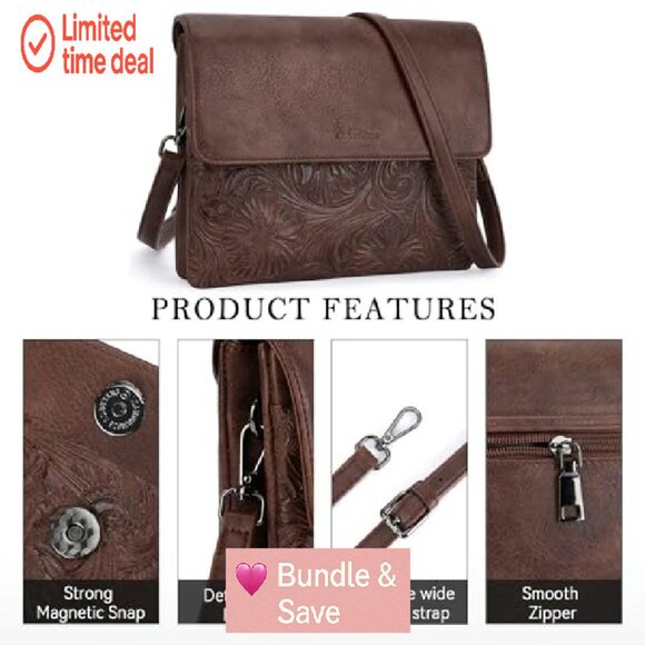 Vegan Leather Crossbody Bag with Phone Pocket, Adjustable Strap, Triple - Picture 3 of 7